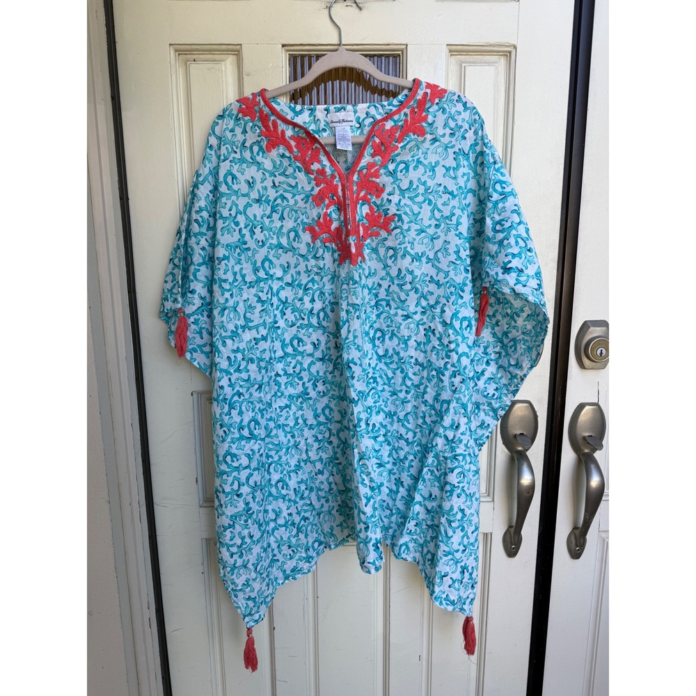Tommy Bahama Womens Turquoise Coral Print Cotton Kaftan Cover Up Size S/Mâ